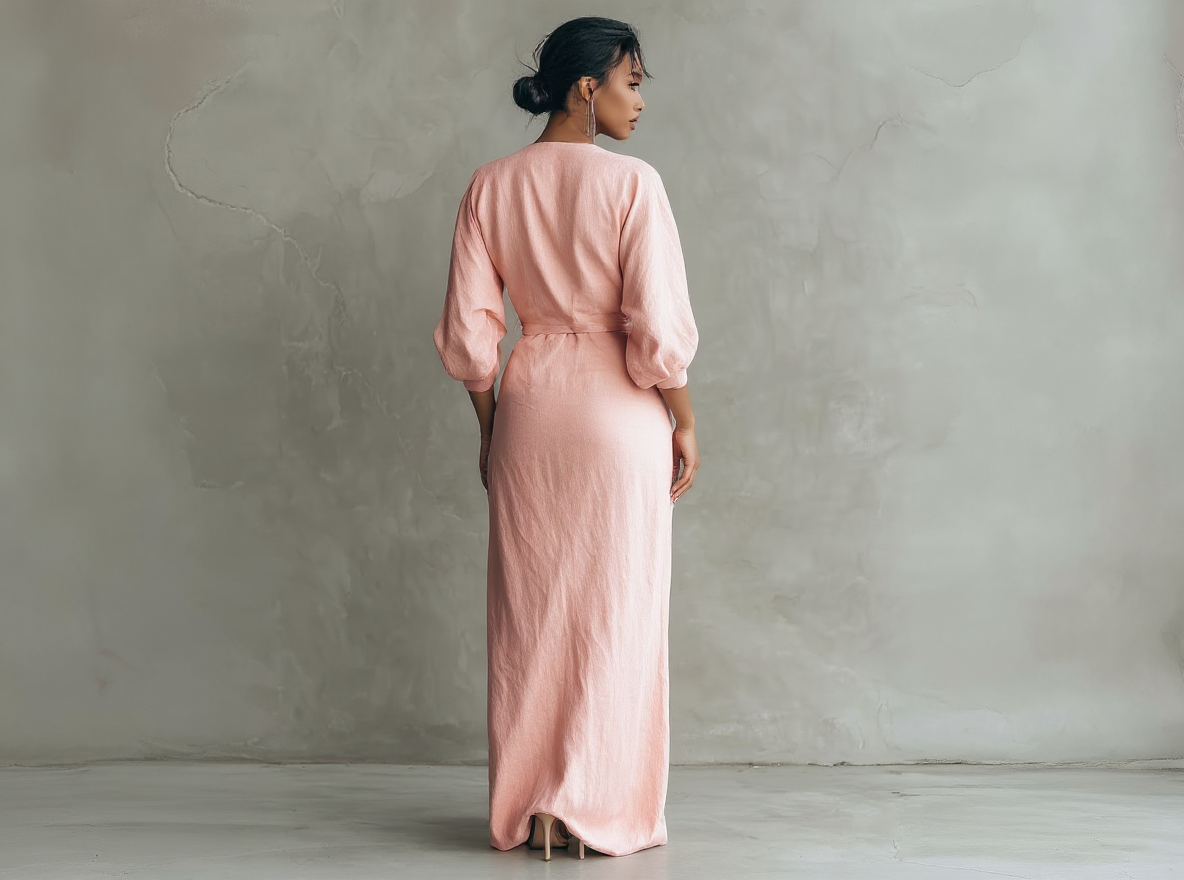 Vestido Maxi Rosa con Escote en V de Lino