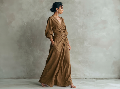 Vestido Maxi Rosa con Escote en V de Lino