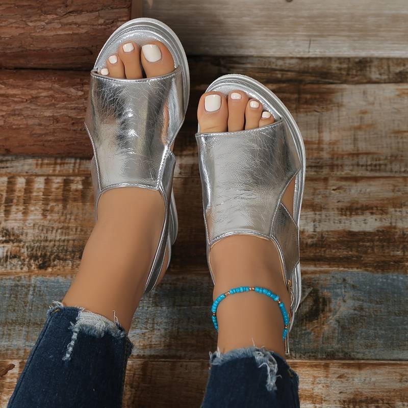 Sandalias ortopédicas de cuña con tiras metálicas y plantilla ergonómica para mujer, cómodas y elegantes para verano o diario