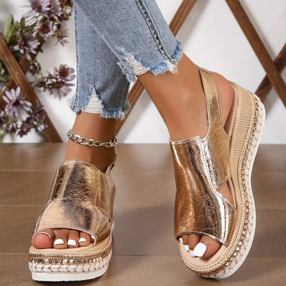 Sandalias ortopédicas de cuña con tiras metálicas y plantilla ergonómica para mujer, cómodas y elegantes para verano o diario