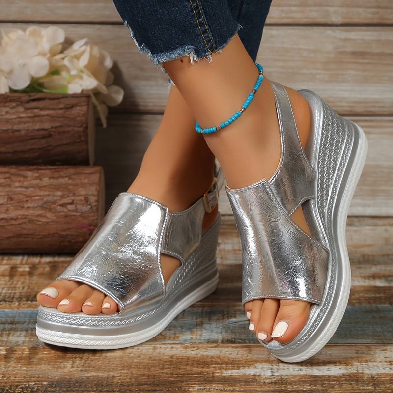Sandalias ortopédicas de cuña con tiras metálicas y plantilla ergonómica para mujer, cómodas y elegantes para verano o diario