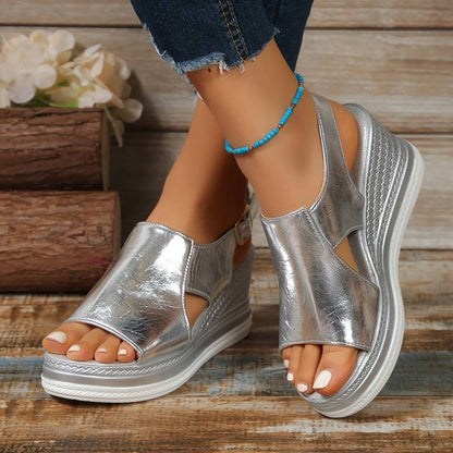 Sandalias ortopédicas de cuña con tiras metálicas y plantilla ergonómica para mujer, cómodas y elegantes para verano o diario