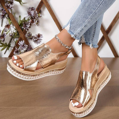Sandalias ortopédicas de cuña con tiras metálicas y plantilla ergonómica para mujer, cómodas y elegantes para verano o diario