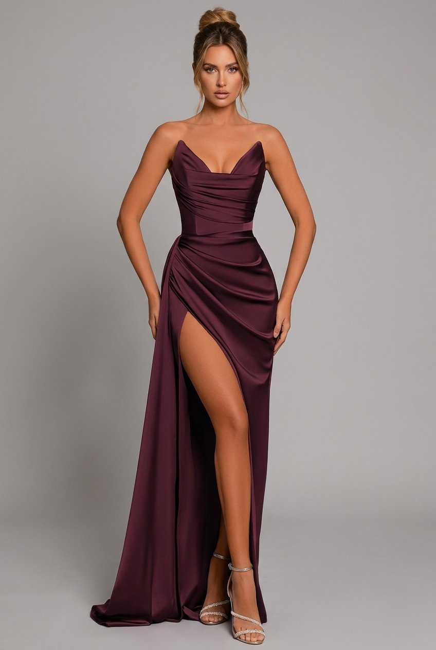 Satin Maxi Dress Ruched Sweetheart Split - Blue