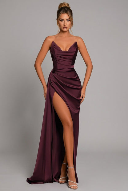 Satin Maxi Dress Ruched Sweetheart Split - Blue