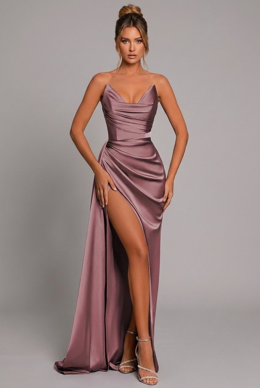 Vestido Satén Maxi Pliegues Escote Corazón Slit Lateral