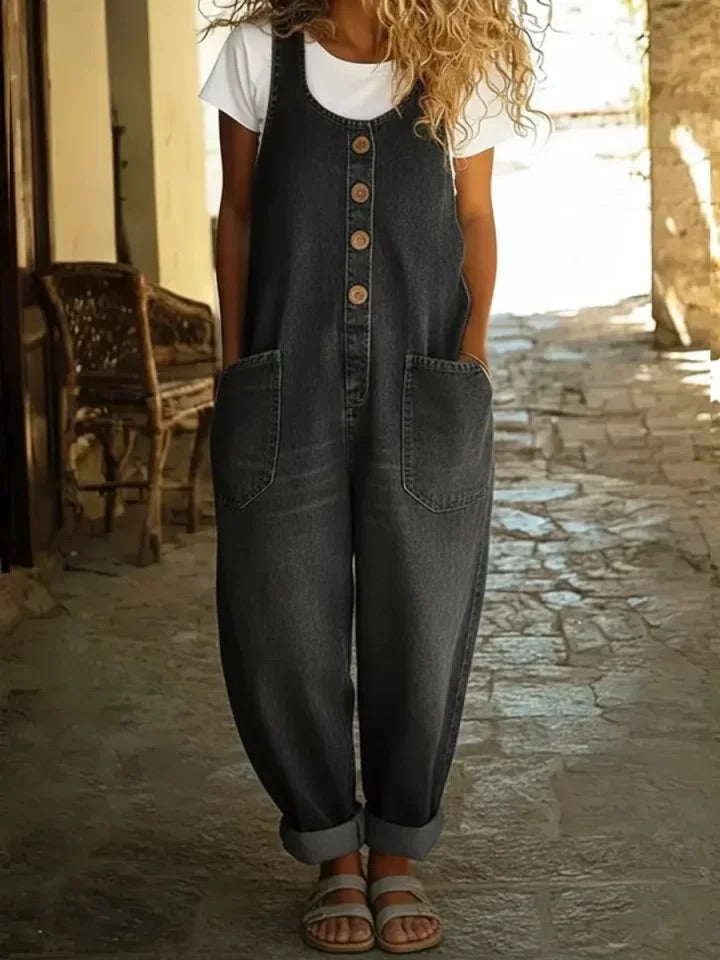 Mono femenino de denim de algodón con estilo vintage y ajuste cómodo para mujer, ideal para looks casuales
