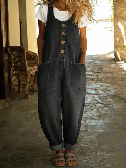 Mono femenino de denim de algodón con estilo vintage y ajuste cómodo para mujer, ideal para looks casuales