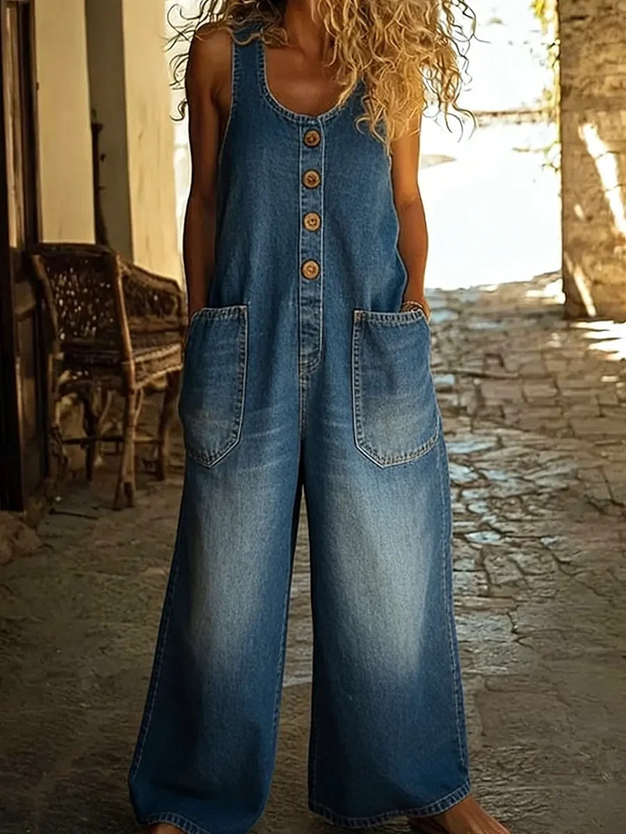 Mono femenino de denim de algodón con estilo vintage y ajuste cómodo para mujer, ideal para looks casuales
