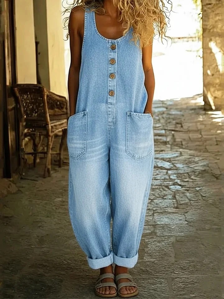 Mono femenino de denim de algodón con estilo vintage y ajuste cómodo para mujer, ideal para looks casuales