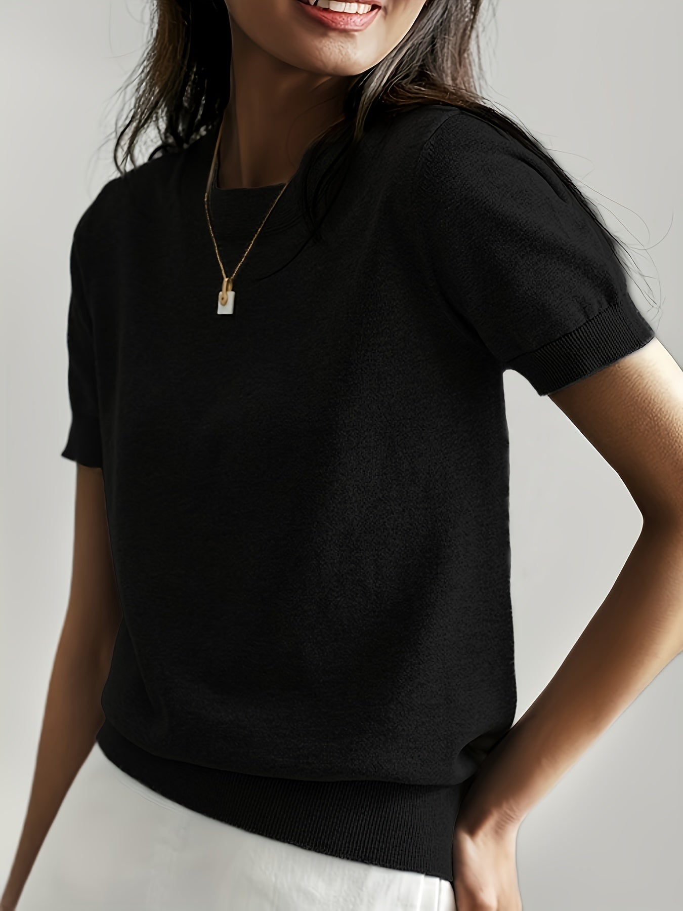 Serenity | Women's Short Sleeve Knit Sweater - Grey - Image 12