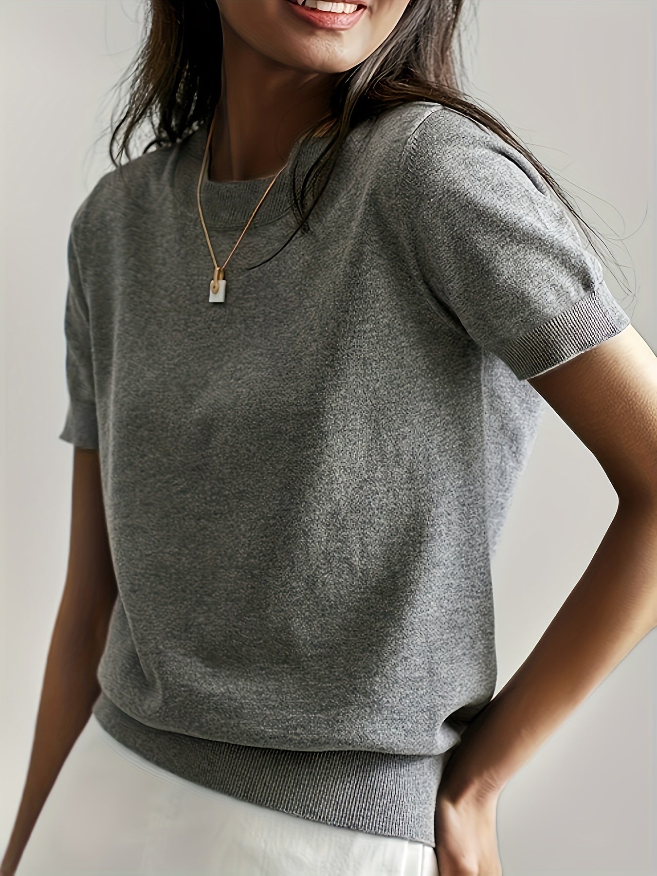Serenity | Women's Short Sleeve Knit Sweater - Grey - Image 18