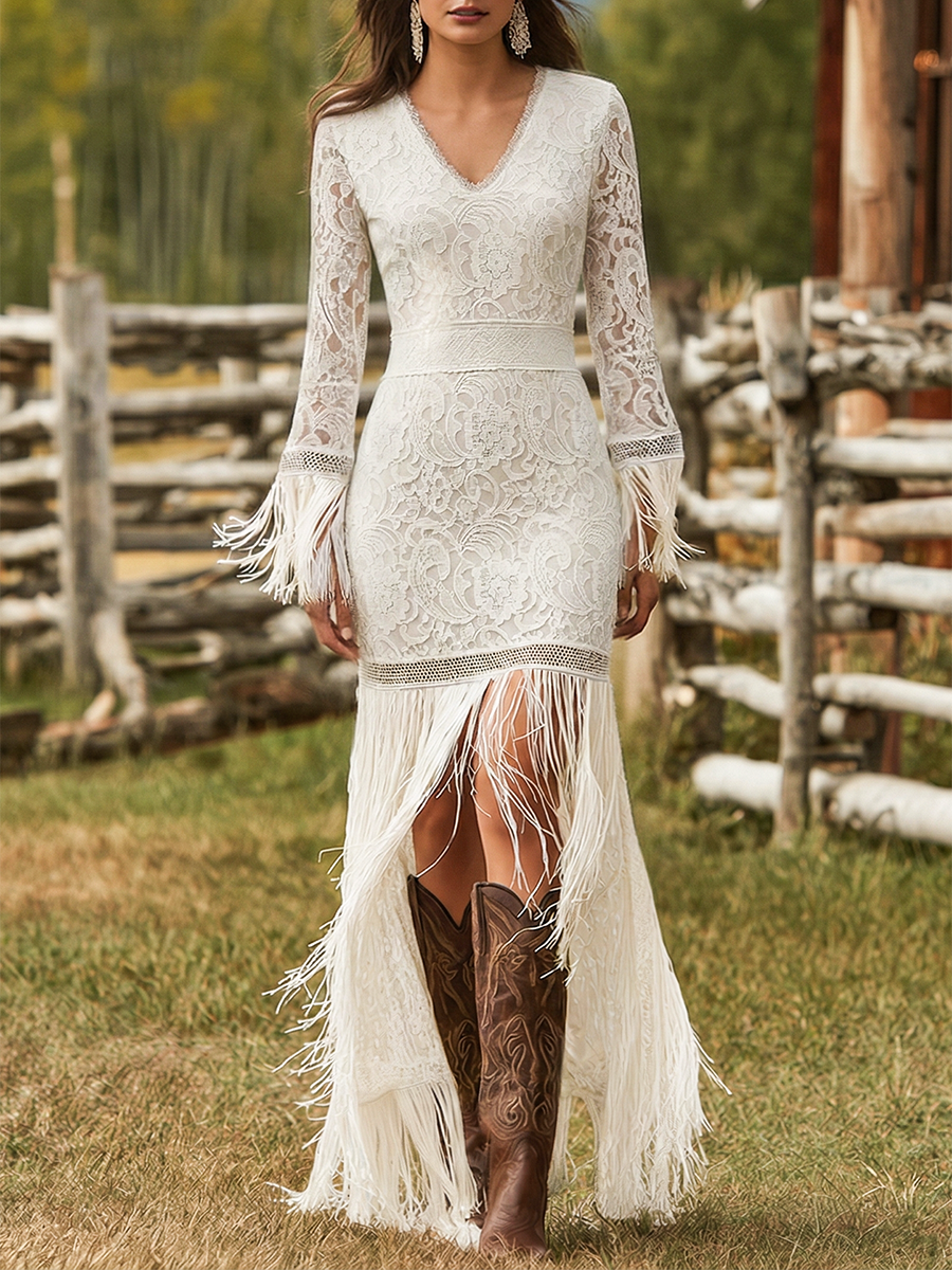 Serenity | Women's V-Neck Long Sleeve Tassel Maxi Dress - White - Image 6