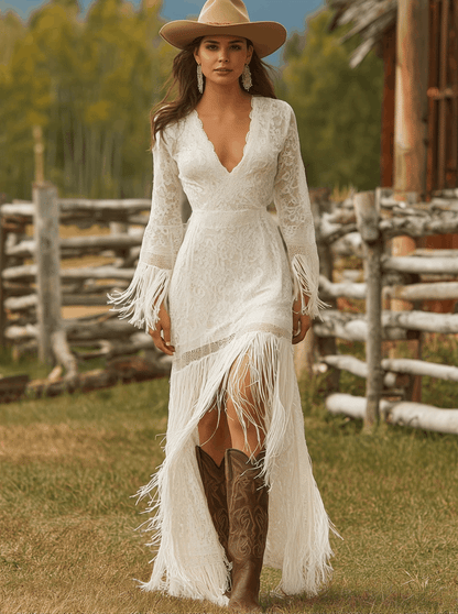Vestido Maxi Flecos Tassel Cuello V Manga Larga