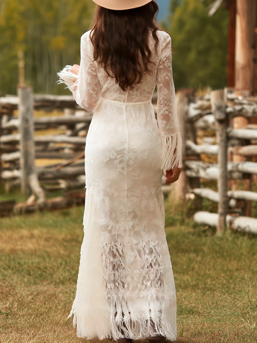 Vestido Maxi Flecos Tassel Cuello V Manga Larga