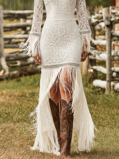 Vestido Maxi Flecos Tassel Cuello V Manga Larga