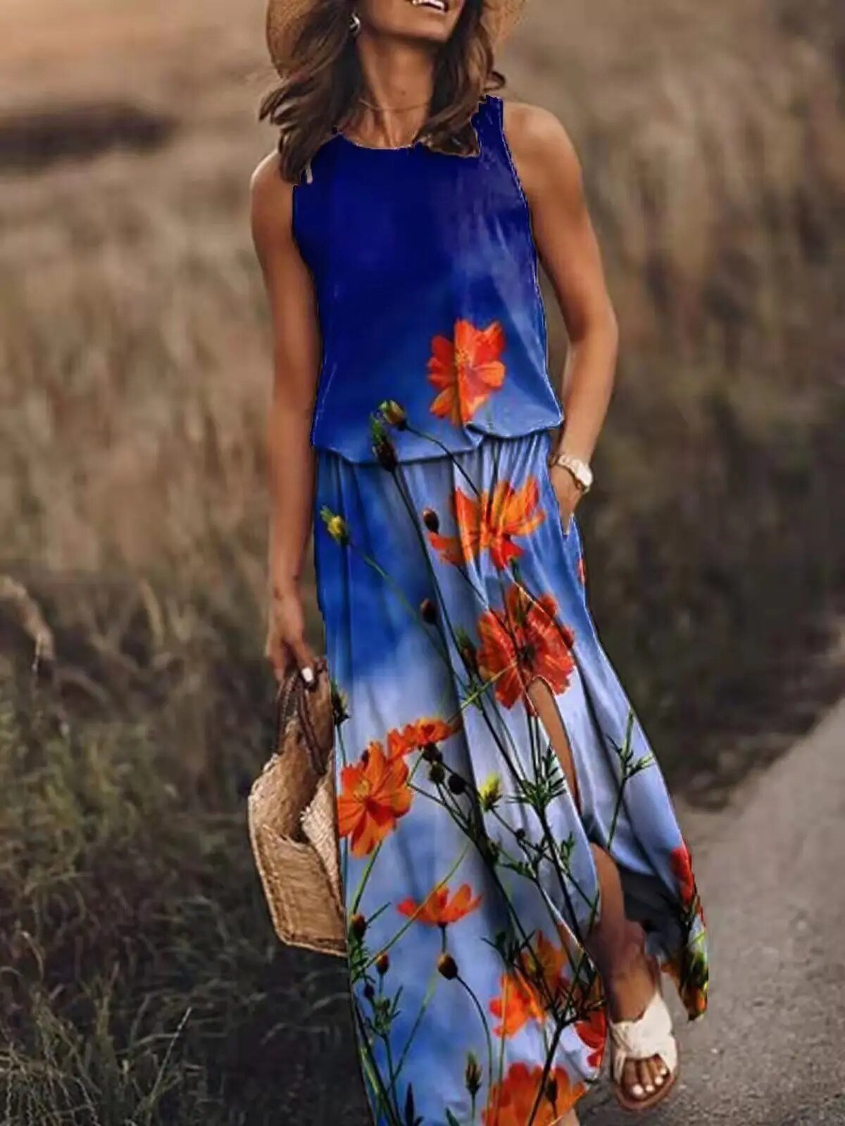 Sleeveless Maxi Dress Elastic Waist Bohemian Summer - Orange