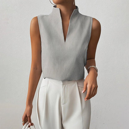 Sleeveless Striped V-Neck Blouse Stand Collar
