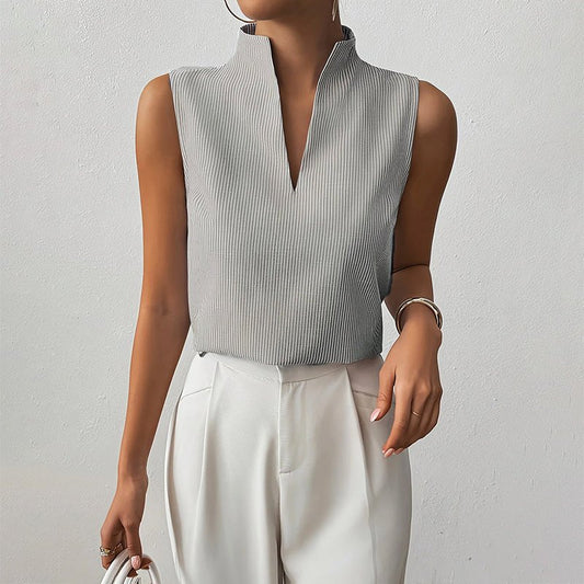Sleeveless Striped V-Neck Blouse Stand Collar