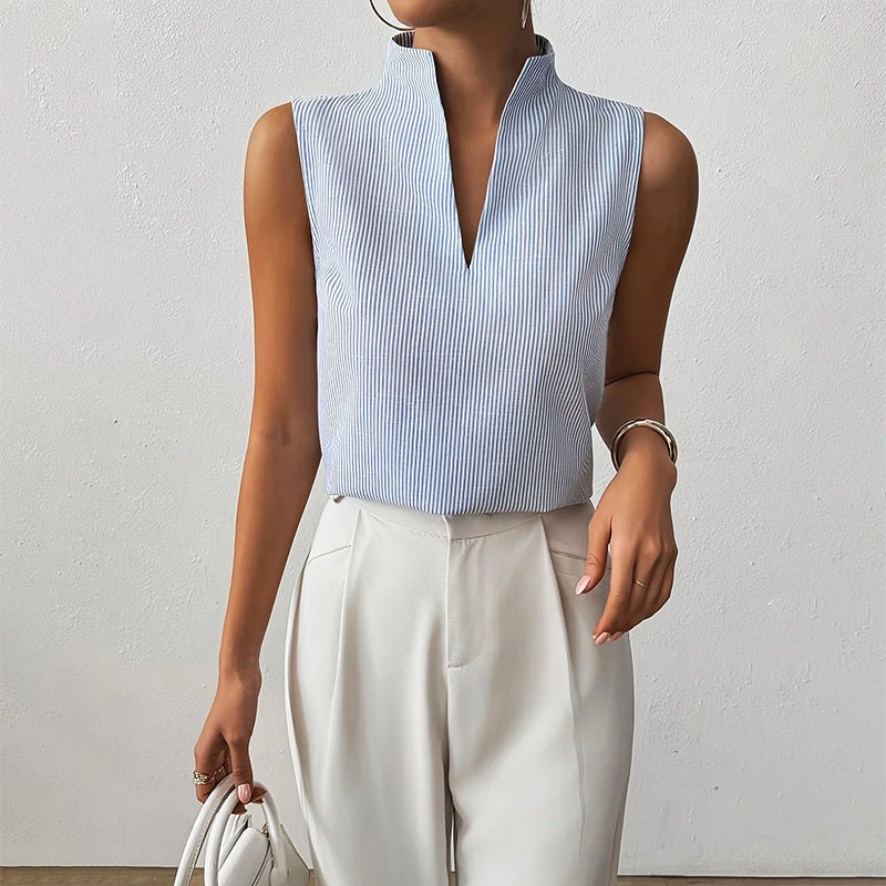 Sleeveless Striped V-Neck Blouse Stand Collar