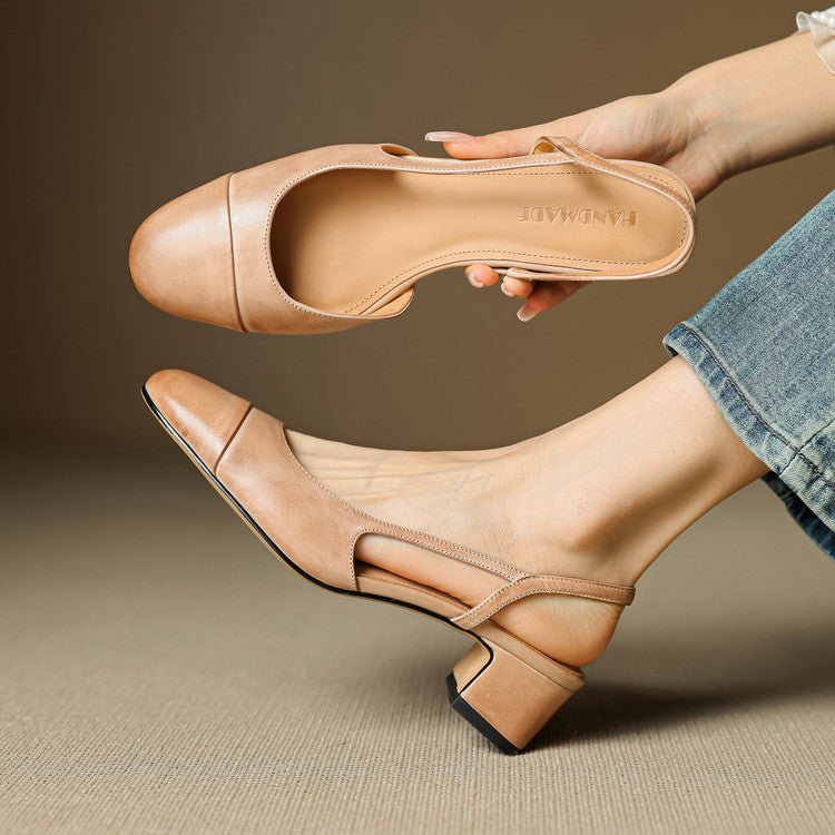 Slingback Pumps Genuine Leather Almond Toe Block Heel - Black
