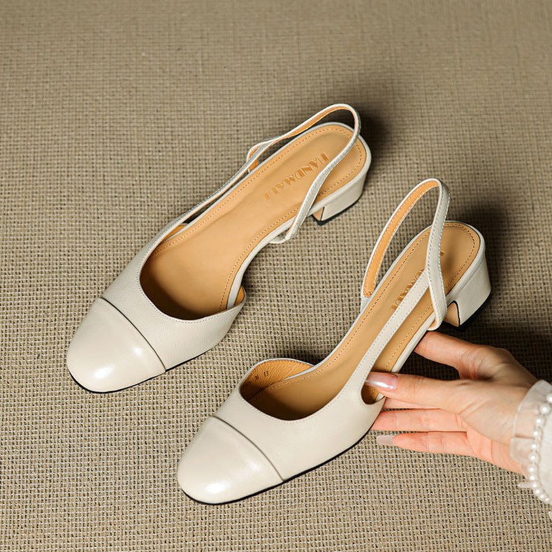 Zapatos de Tacón Cuero Genuino Puntera Almendra Tacón Bloque