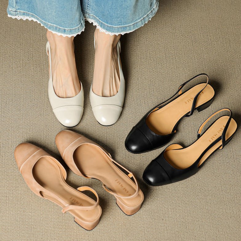 Zapatos de Tacón Cuero Genuino Puntera Almendra Tacón Bloque