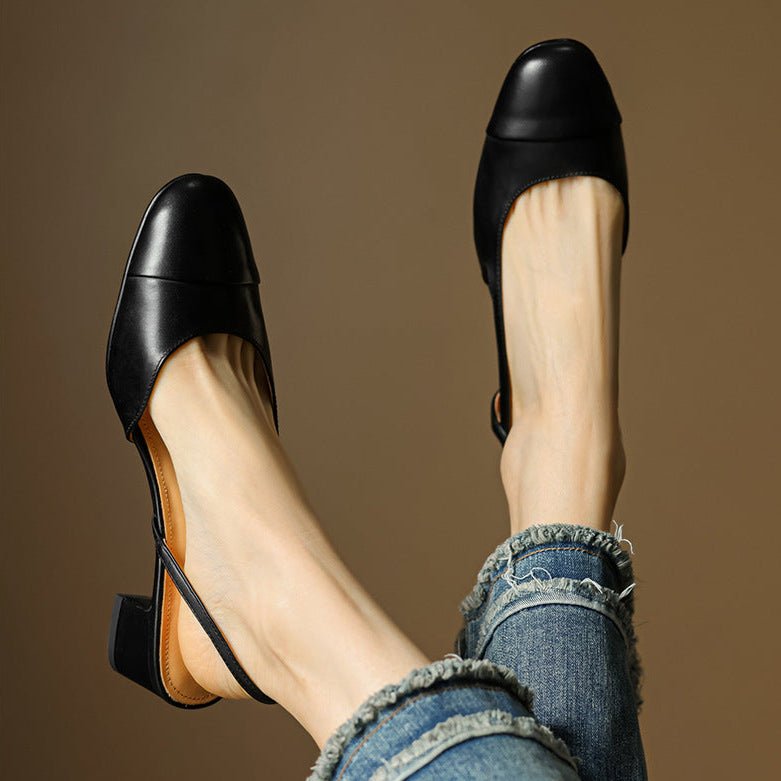 Zapatos de Tacón Cuero Genuino Puntera Almendra Tacón Bloque