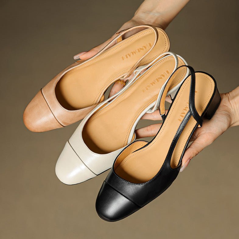 Zapatos de Tacón Cuero Genuino Puntera Almendra Tacón Bloque