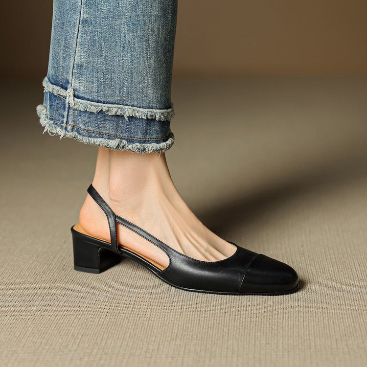 Zapatos de Tacón Cuero Genuino Puntera Almendra Tacón Bloque
