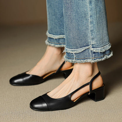 Zapatos de Tacón Cuero Genuino Puntera Almendra Tacón Bloque