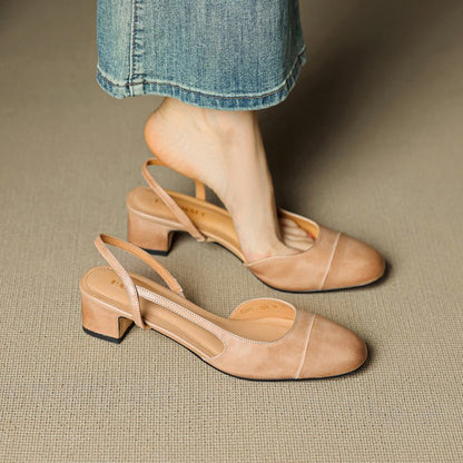 Zapatos de Tacón Cuero Genuino Puntera Almendra Tacón Bloque