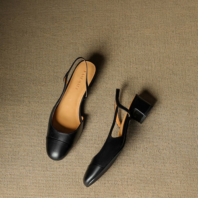 Zapatos de Tacón Cuero Genuino Puntera Almendra Tacón Bloque