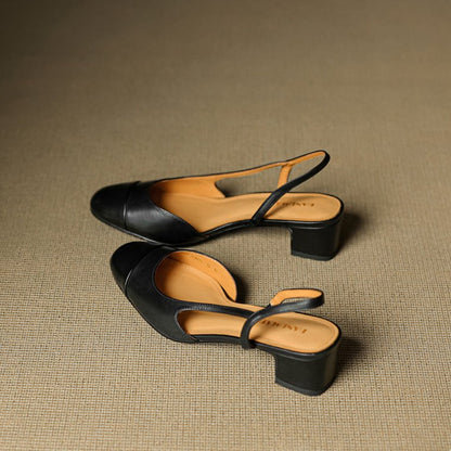 Zapatos de Tacón Cuero Genuino Puntera Almendra Tacón Bloque