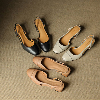 Zapatos de Tacón Cuero Genuino Puntera Almendra Tacón Bloque