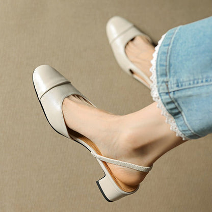 Zapatos de Tacón Cuero Genuino Puntera Almendra Tacón Bloque