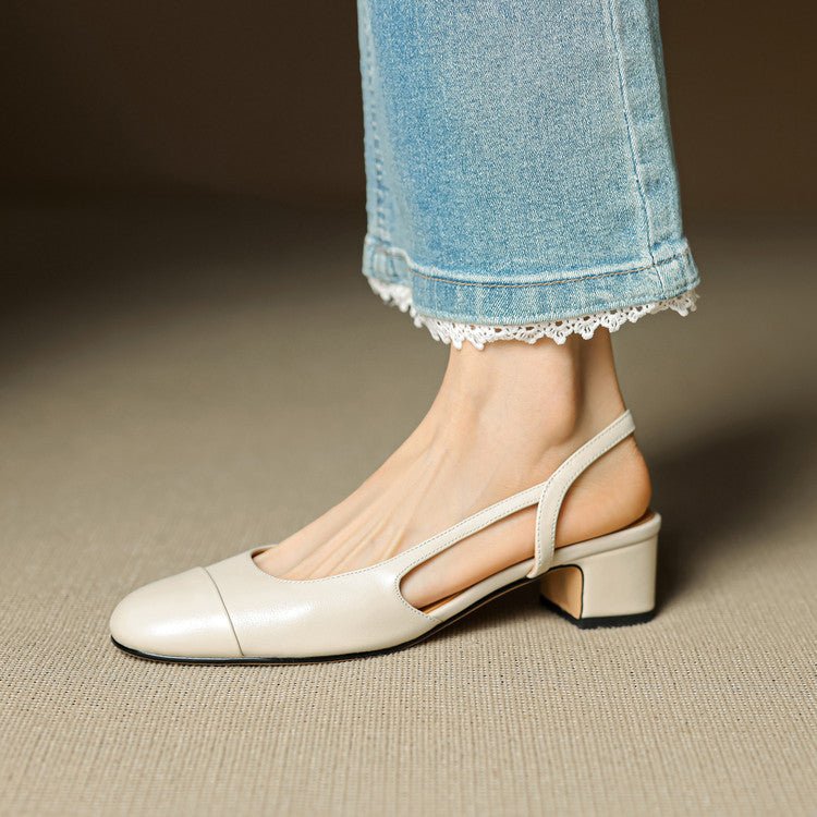Slingback Pumps Genuine Leather Almond Toe Block Heel