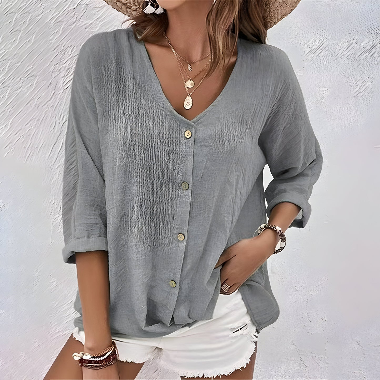 Blusa De Botones Relajada Para Mujer - Estilo Casual