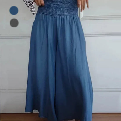 Pantalón ancho con cintura fruncida y bolsillos laterales para mujer, ligero y versátil para verano o diario