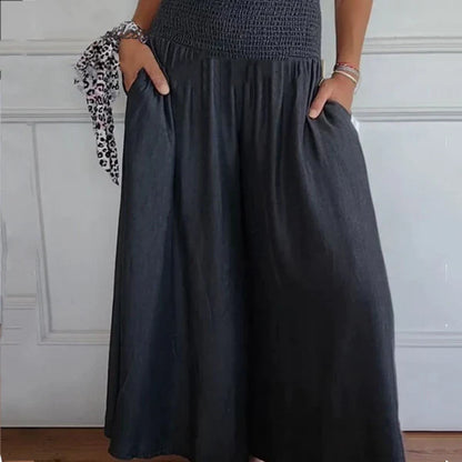 Pantalón ancho con cintura fruncida y bolsillos laterales para mujer, ligero y versátil para verano o diario