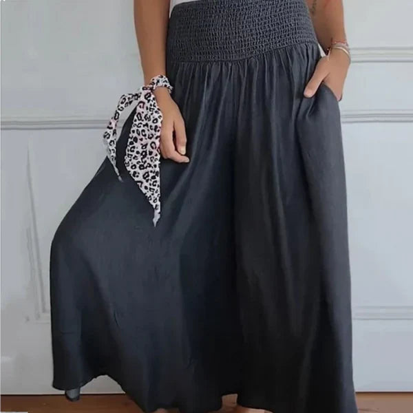 Pantalón ancho con cintura fruncida y bolsillos laterales para mujer, ligero y versátil para verano o diario