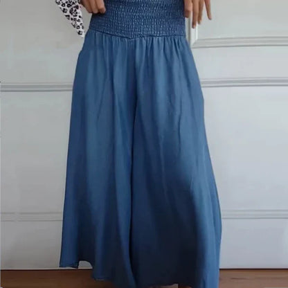 Pantalón ancho con cintura fruncida y bolsillos laterales para mujer, ligero y versátil para verano o diario