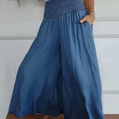Pantalón ancho con cintura fruncida y bolsillos laterales para mujer, ligero y versátil para verano o diario