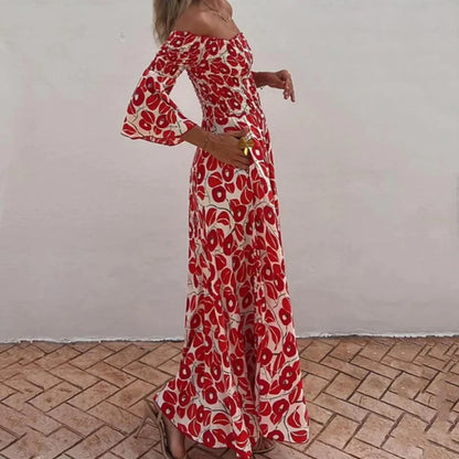 Vestido largo con estampado floral, hombros descubiertos y mangas acampanadas