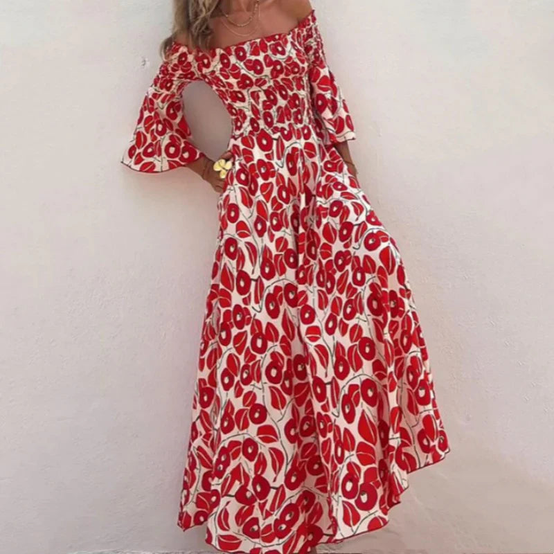 Vestido largo con estampado floral, hombros descubiertos y mangas acampanadas