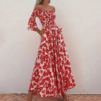 Vestido largo con estampado floral, hombros descubiertos y mangas acampanadas
