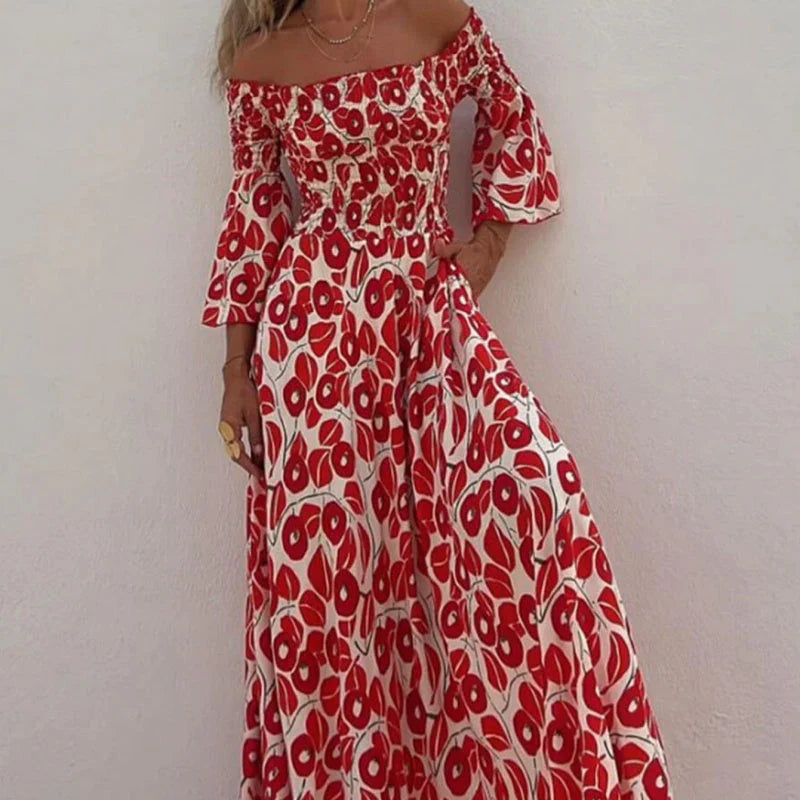 Vestido largo con estampado floral, hombros descubiertos y mangas acampanadas