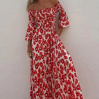 Vestido largo con estampado floral, hombros descubiertos y mangas acampanadas