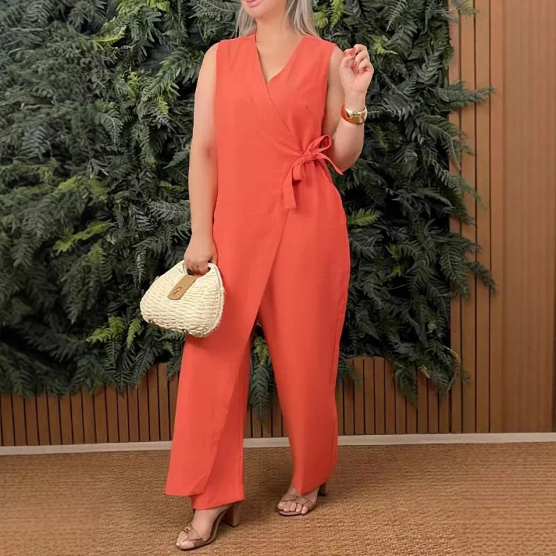 Mono monocolor con cuello en V y lazo en la cintura para mujer, ligero y versátil para verano o diario