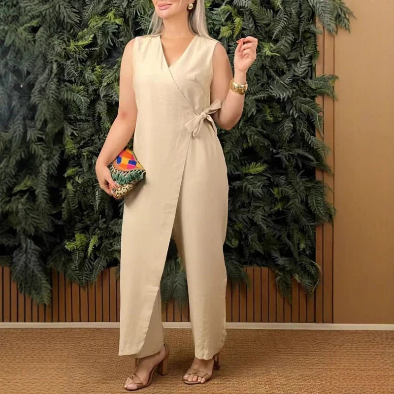 Mono monocolor con cuello en V y lazo en la cintura para mujer, ligero y versátil para verano o diario